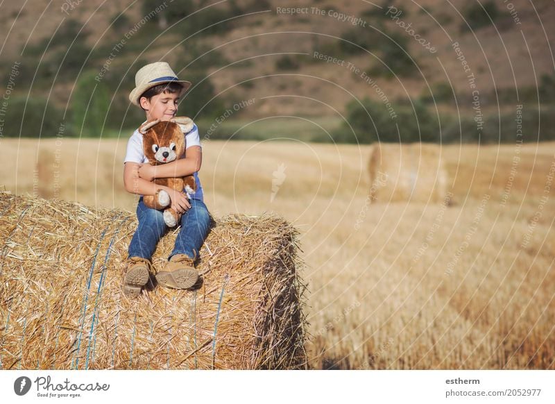 Junge umarmt Teddybär auf dem Weizenfeld Lifestyle Spielen Ferien & Urlaub & Reisen Freiheit Mensch maskulin Kind Kleinkind Kindheit 1 3-8 Jahre Natur Wiese