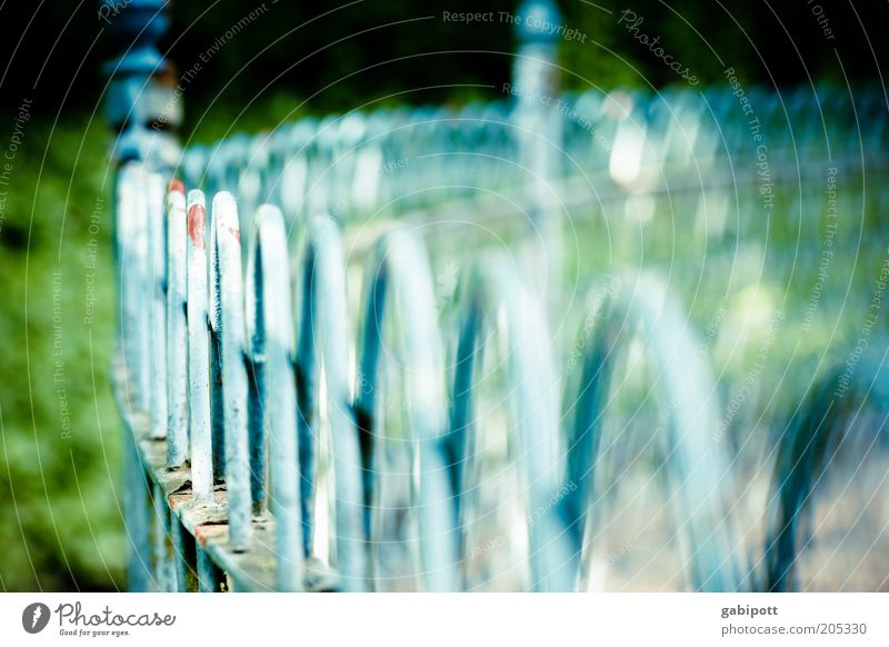 schwache Tiefenschärfe Geländer Zaun Zaunpfahl Eisen blau grün Verfall rund Runde Sache Barriere Begrenzung Farbfoto Außenaufnahme Menschenleer Tag Sonnenlicht
