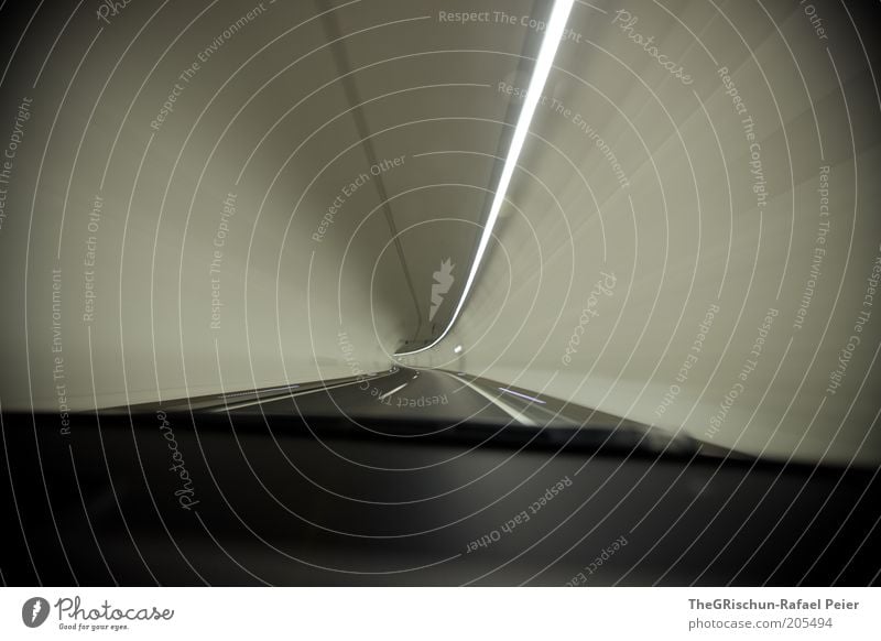 Tunnelblick Bauwerk fahren ästhetisch grau schwarz weiß Innenaufnahme Unschärfe Bewegungsunschärfe Weitwinkel Blick nach vorn Textfreiraum links