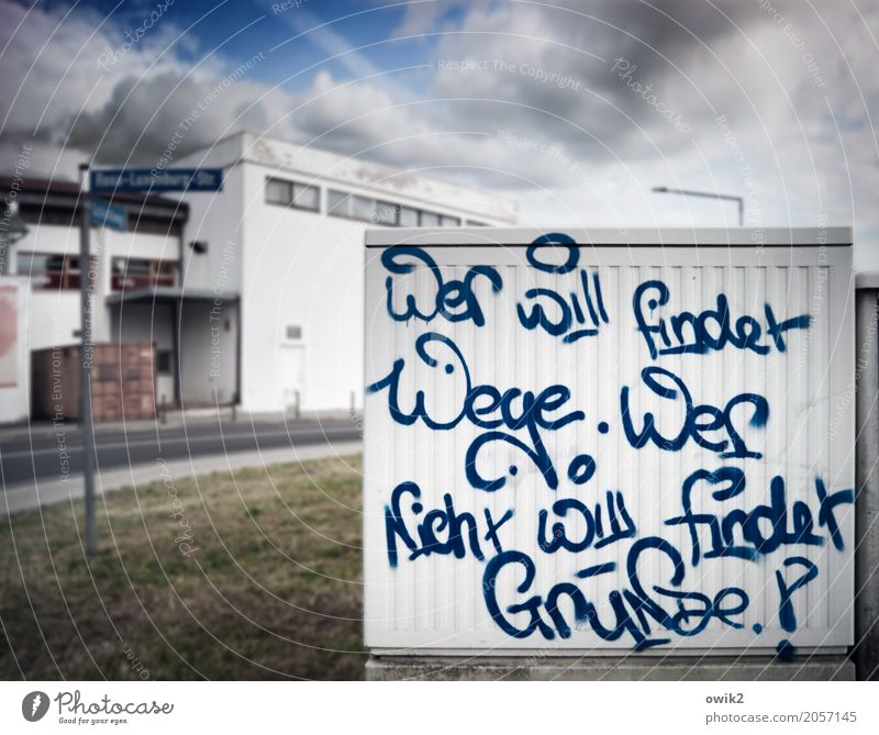 Schrullig Subkultur Graffiti Himmel Wolken Gras Jessen Sachsen-Anhalt Deutschland Haus Mauer Wand Schriftzeichen listig klug Weisheit altklug Transformator