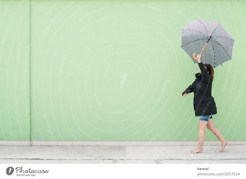 Frau läuft mit Regenschirm vor grüner Wand Lifestyle Stil harmonisch Wohlgefühl Zufriedenheit Freizeit & Hobby Spielen Ausflug Freiheit Mensch feminin