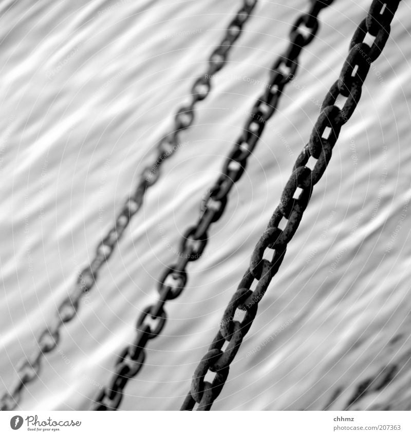 Kettenrasseln Wasser Fluss Schifffahrt Binnenschifffahrt Stahl festhalten grau 3 Eisen Kettenglied Schwarzweißfoto Außenaufnahme Tag Schwache Tiefenschärfe