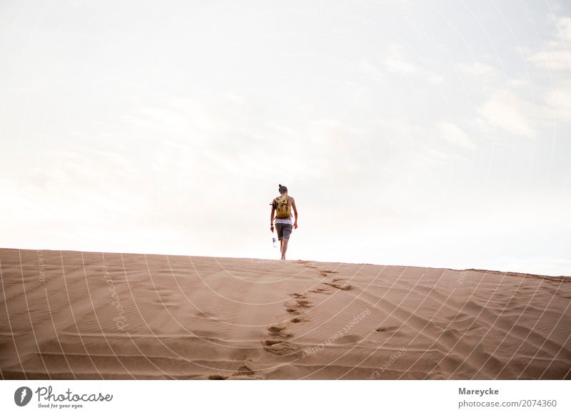 Mann am Horizont Mensch maskulin Erwachsene Körper 1 18-30 Jahre Jugendliche Natur Landschaft Wärme Strand Wüste T-Shirt langhaarig Sand gehen Stimmung Freiheit