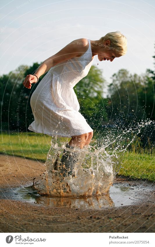 #A# BAAAM! Kunst ästhetisch matschig matschen Pfütze Wasser springen Partikel Außenaufnahme Freude Landen Kleid Spielen kindisch Frau selbstbewußt Fröhlichkeit