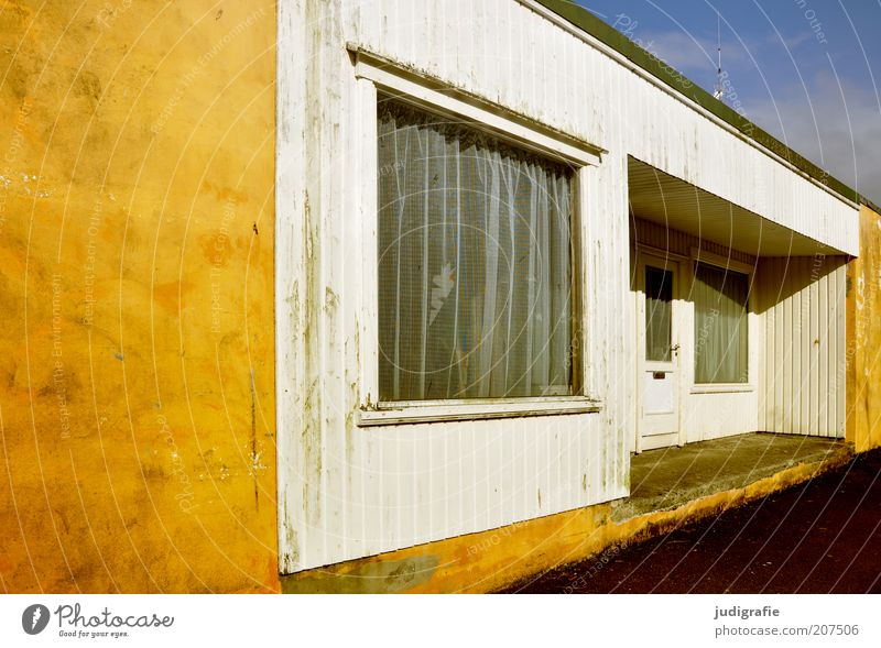 Färöer Tórshavn Føroyar Haus Einfamilienhaus Hütte Bauwerk Gebäude Fenster Tür gelb Häusliches Leben Gardine Heimtextilien Farbfoto Außenaufnahme Menschenleer