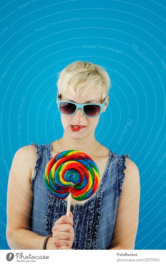 #A# Versuchung Kunst Kunstwerk ästhetisch Frau trendy Lollipop mehrfarbig verführerisch lecker Zucker Sonnenbrille blond Model blau Diät Lippen Lippenstift