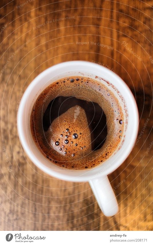 Kaffeetasse Tasse Holz heiß lecker braun weiß Kaffeebecher Becher Espresso rund frisch Heißgetränk Schaum Kaffeeschaum Nahaufnahme Schaumblase Ernährung