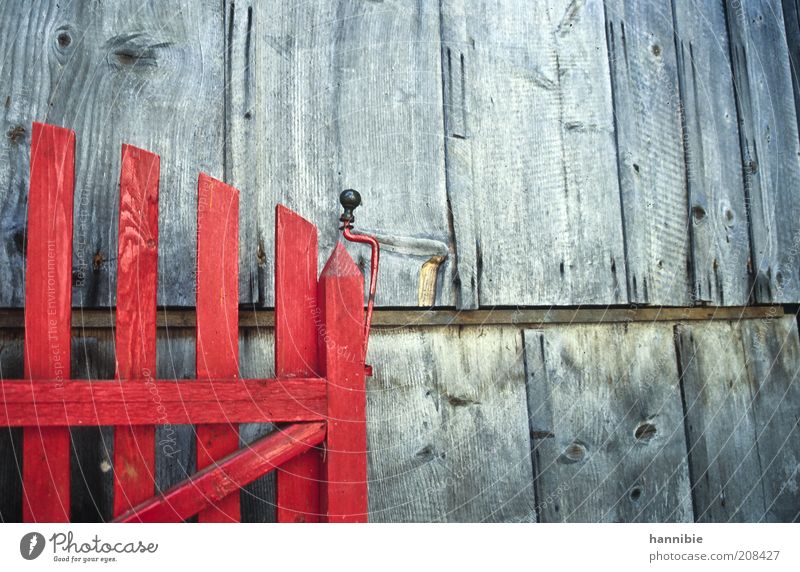 es ist offen! Tür Holz grau rot Pferch Holzhütte Gartentor verwittert gestrichen ländlich Farbfoto Außenaufnahme Menschenleer Tag Textfreiraum rechts