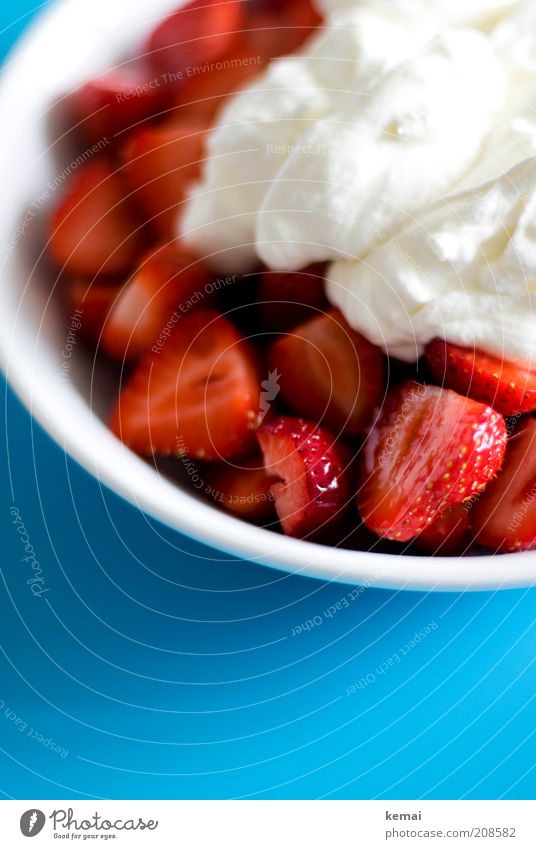Erdbeeren mit Schlag Lebensmittel Milcherzeugnisse Frucht Süßwaren Sahne Schlagsahne Beeren Ernährung Dessert Teller Gesundheit lecker blau rot weiß Völlerei