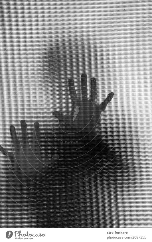 Menschliche Silhouette hinter einer Glasscheibe, die Hände berühren die Scheibe Frau Erwachsene Mann Hand 1 30-45 Jahre Aggression ästhetisch bedrohlich dunkel