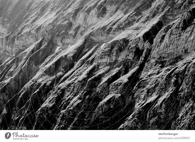 Urgestein Urelemente Erde Felsen Alpen Berge u. Gebirge grau schwarz Berghang Schwarzweißfoto gebirgig Kontrast Schatten Schattenspiel Felsenschlucht Alpstein