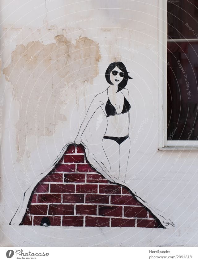 entblößt Haus Bauwerk Gebäude Mauer Wand Fassade Fenster Graffiti lustig Stadt Kunst Straßenkunst Frau Bikini aufdecken Backsteinwand Tel Aviv nackt verstecken