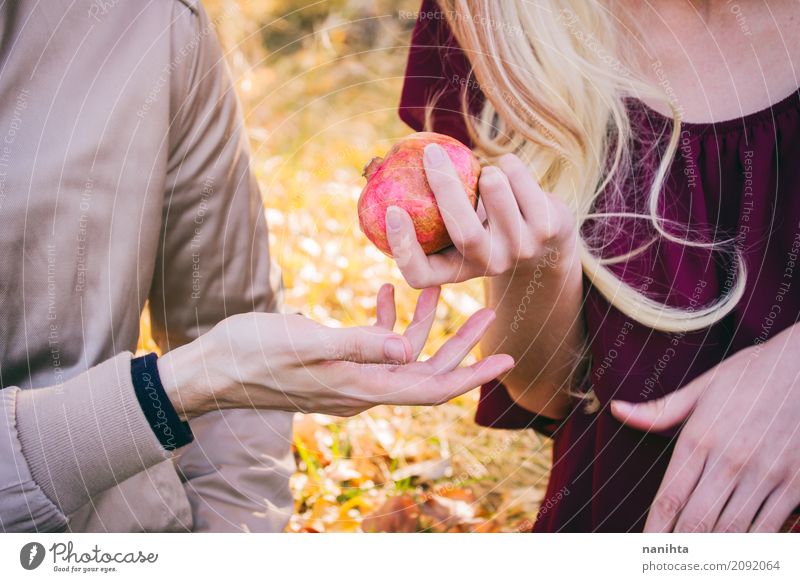 Junge Paare, die einen Granatapfel teilen Lebensmittel Frucht Ernährung Mensch maskulin feminin Junge Frau Jugendliche Junger Mann Familie & Verwandtschaft