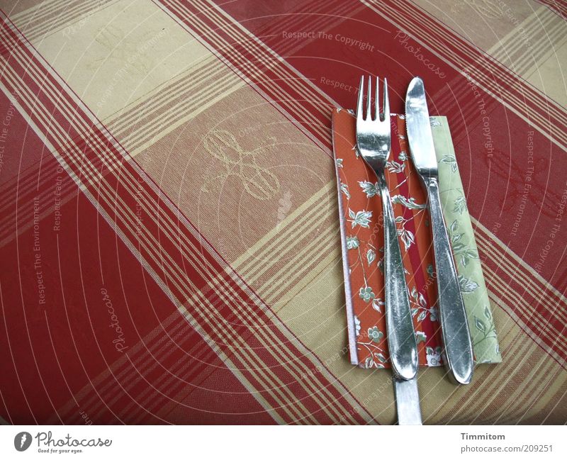 oh! oh! Ernährung Besteck Messer Gabel Restaurant ausgehen warten glänzend Sauberkeit rot gewagt Muster kariert Serviette Ordnung Tischwäsche Farbfoto