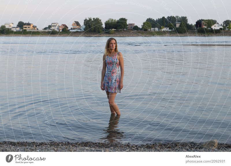 Junge Frau in buntem Sommerkleid steht im Rhein schön Wohlgefühl Erholung Ausflug Jugendliche 18-30 Jahre Erwachsene Landschaft Wasser Schönes Wetter Baum