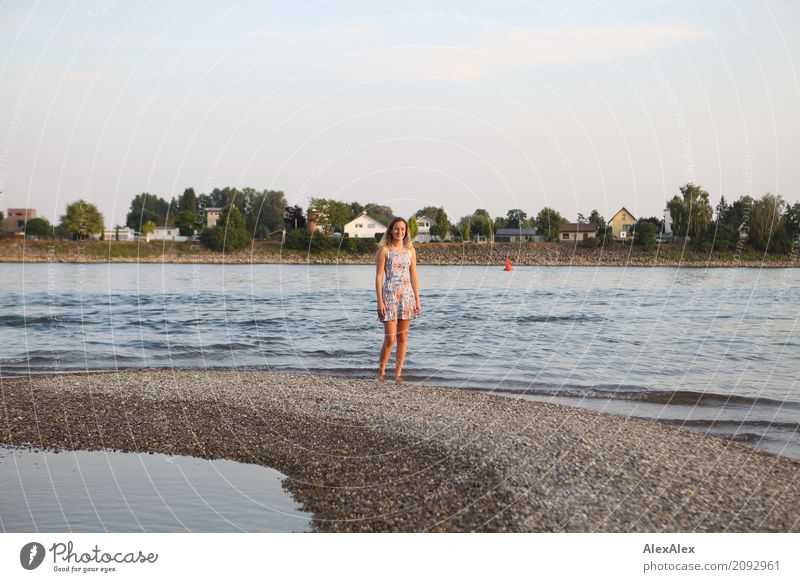 rheines vergnügen schön Wohlgefühl Junge Frau Jugendliche 18-30 Jahre Erwachsene Umwelt Landschaft Wasser Sommer Schönes Wetter Küste Flussufer Rhein Kleid