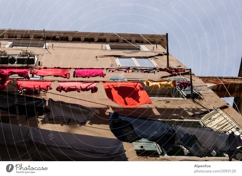 Wohngemeinschaft | Waschtag Venedig Italien Stadtrand Haus Gebäude Mauer Wand Fenster Wäsche Wäscheleine Wäsche waschen Wäscheklammern Sauberkeit mehrfarbig