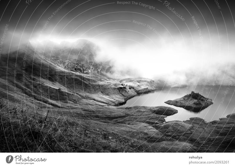 Nebel über alpinen See in Bergen Berge u. Gebirge Natur Landschaft Wolken Sonnenlicht Herbst Wetter Wiese Hügel Alpen Gelassenheit Wasser Grasland Aussicht