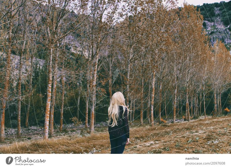 Blonde Frau allein in einem Wald Lifestyle harmonisch Sinnesorgane Erholung Meditation Mensch feminin Junge Frau Jugendliche 1 18-30 Jahre Erwachsene Umwelt