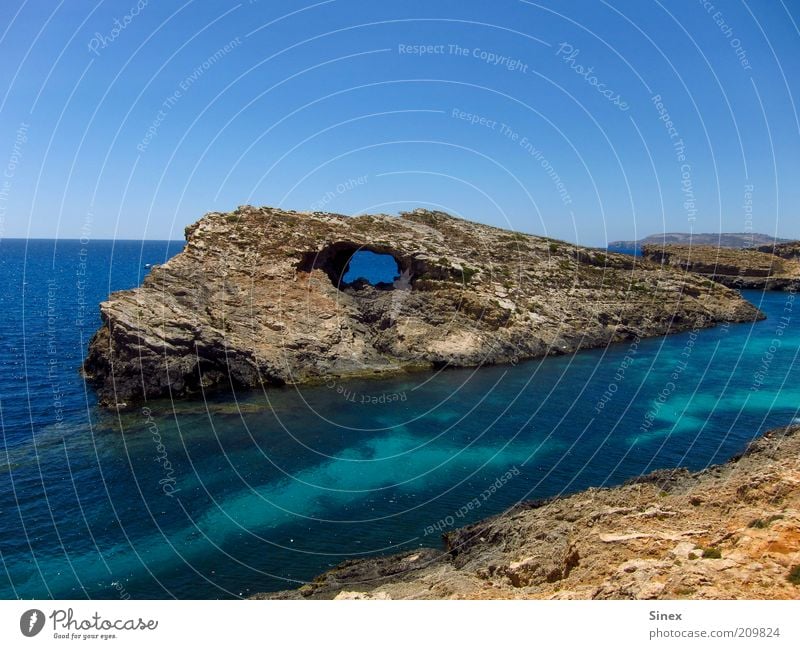 Dinosaurierauge Natur Landschaft Wasser Sommer Felsen Küste Bucht Meer fantastisch fest ruhig Felsauge Gesteinsformationen Urgestein Comino Gozo Malta Farbfoto