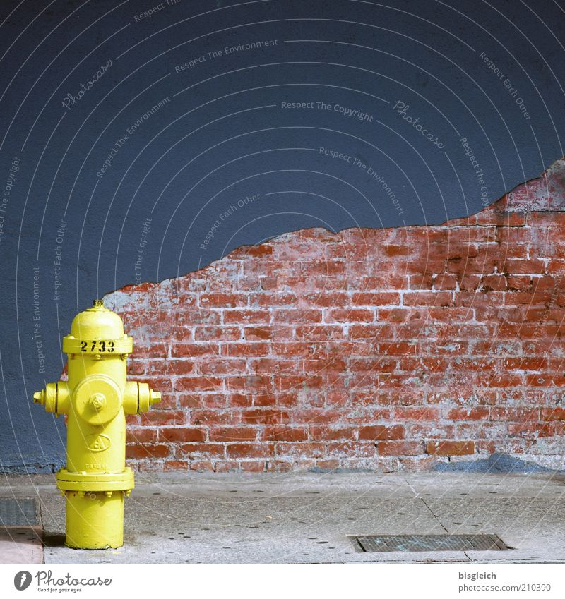 Wasserwacht Hydrant Wand Mauer Backstein Straße USA Amerika gelb Fassade Putz Backsteinwand Bürgersteig Menschenleer Textfreiraum oben Textfreiraum rechts