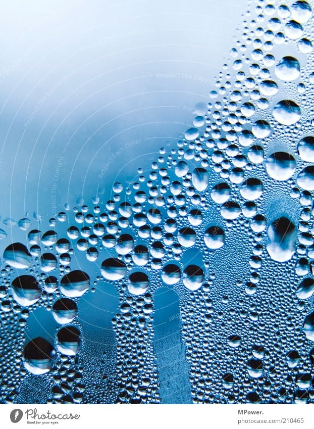 Kondenswasser Wetter Glas Wasser Coolness kalt nass Wassertropfen Scheibe Tau blau beschlagen Makroaufnahme Farbfoto Textfreiraum oben Morgen