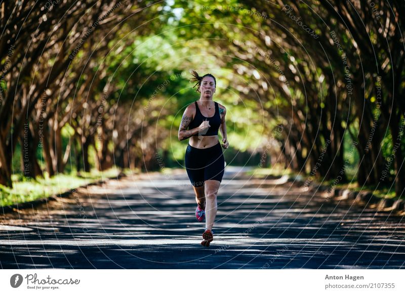 Im Park laufen sportlich Sommer Fitness Sport-Training Leichtathletik Joggen maskulin Frau Erwachsene 1 Mensch 18-30 Jahre Jugendliche rennen selbstbewußt Kraft