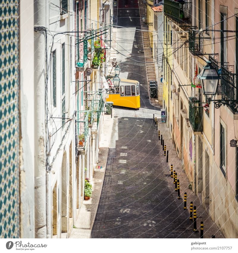 Lissabon Stadt Hauptstadt Stadtzentrum Altstadt Haus Fassade Verkehrswege Straße Wege & Pfade Wegkreuzung Fahrzeug Straßenbahn Schienenfahrzeug gelb
