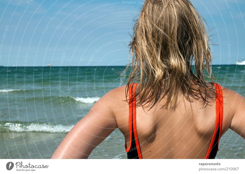 ein schiff wird kommen Ferien & Urlaub & Reisen Ferne Sommer Sommerurlaub Strand Meer Wellen feminin Kopf Haare & Frisuren Rücken 1 Mensch Schönes Wetter Ostsee