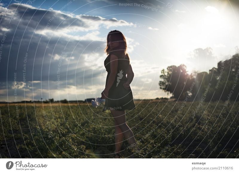 Mädchen auf dem Gebiet mit Sonnenuntergang Lifestyle Allergie Frau Erwachsene Natur Landschaft Pflanze Himmel Sonnenaufgang natürlich Fröhlichkeit friedlich
