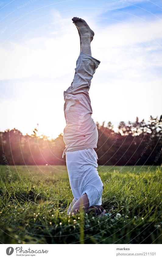 Zeit zum Aufstehen! Yoga Mensch Mann Erwachsene 1 fest frisch mehrfarbig Gefühle Gelassenheit Kontrolle Konzentration Kraft Kopfstand Asana Blauer Himmel grün