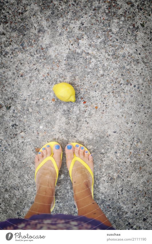zitrone Zitrone Frucht Ernährung Gesunde Ernährung gelb sauer Fuß Flipflops Zehen Beine stehen Asphalt runtergefallen