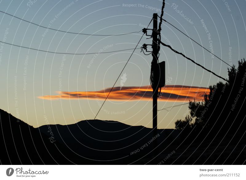 Sonnenuntergang Wolke und Kabel Umwelt Natur Himmel Wolken Sonnenaufgang Schönes Wetter Stimmung Stromtransport Farbfoto Außenaufnahme Menschenleer Abend