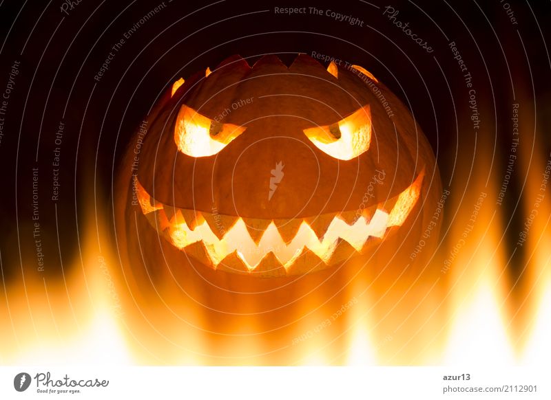 Gruseliger geschnitzter Halloween Kürbis in Feuer Flammen brennt Gemüse Lifestyle Gesicht Spielen Basteln Modellbau Dekoration & Verzierung Feste & Feiern Auge