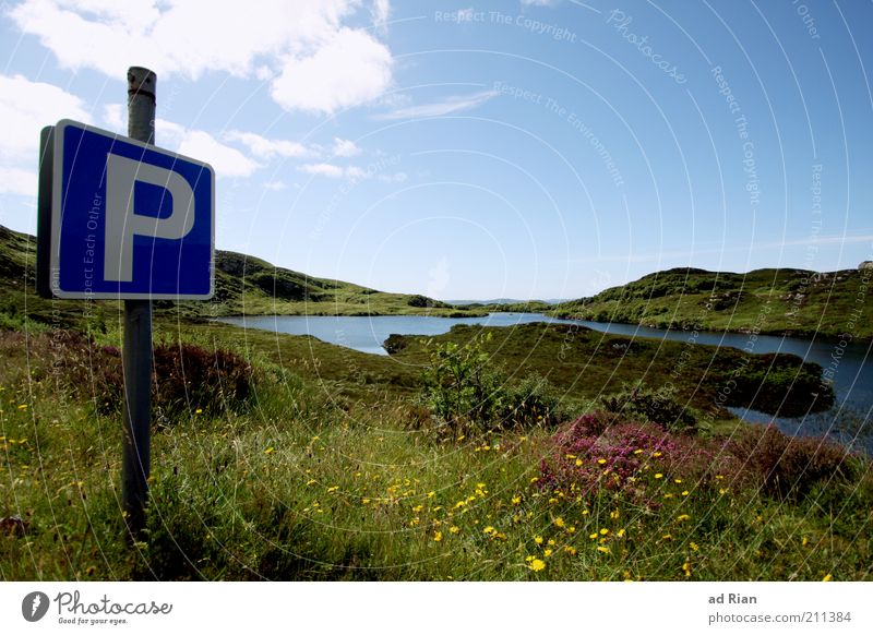 Pausenplatz [100] Natur Landschaft Wasser Gras Sträucher Hügel Seeufer Fjord Teich Blühend Farbfoto Außenaufnahme Blauer Himmel Wolken Sonnenlicht Menschenleer