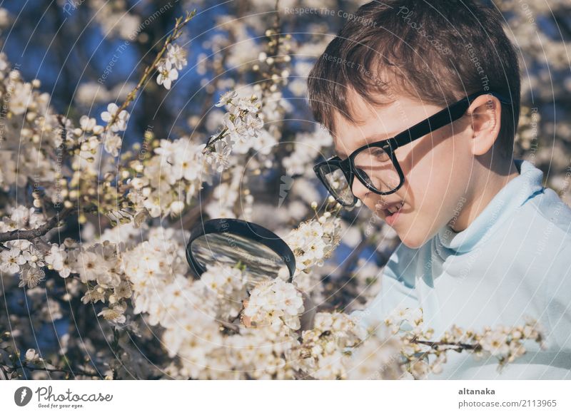Glücklicher kleiner Junge erforscht die Natur mit Lupe am Tag. Konzept einer interessanten Lektion. Lifestyle Freude Gesicht Erholung Spielen Sommer Garten