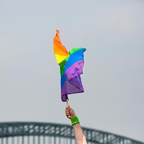 Mann schwenkt eine Regenbogenfahne  beim CSD in Köln Regenbogenflagge queer LGBTQ Christopher Street Day maskulin regenbogenfarben 1 Mensch Hand Liebe Fahne Sex