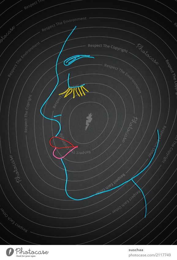 gesicht Faden Wollfaden Schnur Material blau Handarbeit Kunst Profil Gesicht Figur Erscheinung Kopf Auge Nase Mund Kinn Lippen Wimpern Basteln