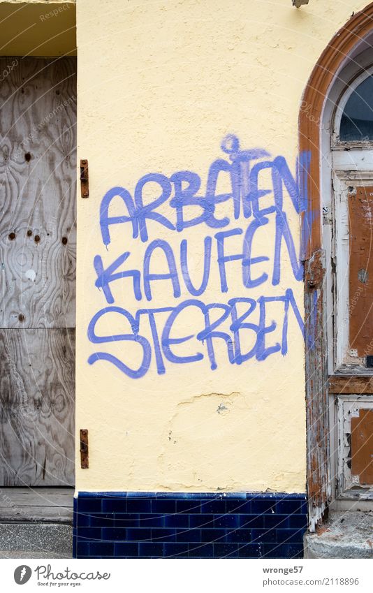 Greifswalder These Altstadt Menschenleer Schriftzeichen Graffiti rebellisch Stadt Verzweiflung Ärger kaufen Reichtum mehrfarbig Hausmauer sprechen