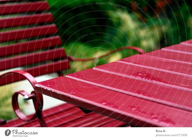 Sommerregen Garten Stuhl Tisch Terrasse nass rot Regen Farbfoto Außenaufnahme Menschenleer Textfreiraum rechts Schwache Tiefenschärfe ruhig Ruhepunkt