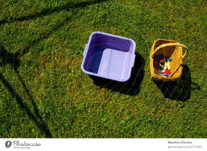 Wäsche Arbeitsplatz anstrengen Nostalgie Ordnung Arbeit & Erwerbstätigkeit Wäscheleine Wäscheklammern Korb violett Schatten Wiese Rasen ökologisch Umwelt