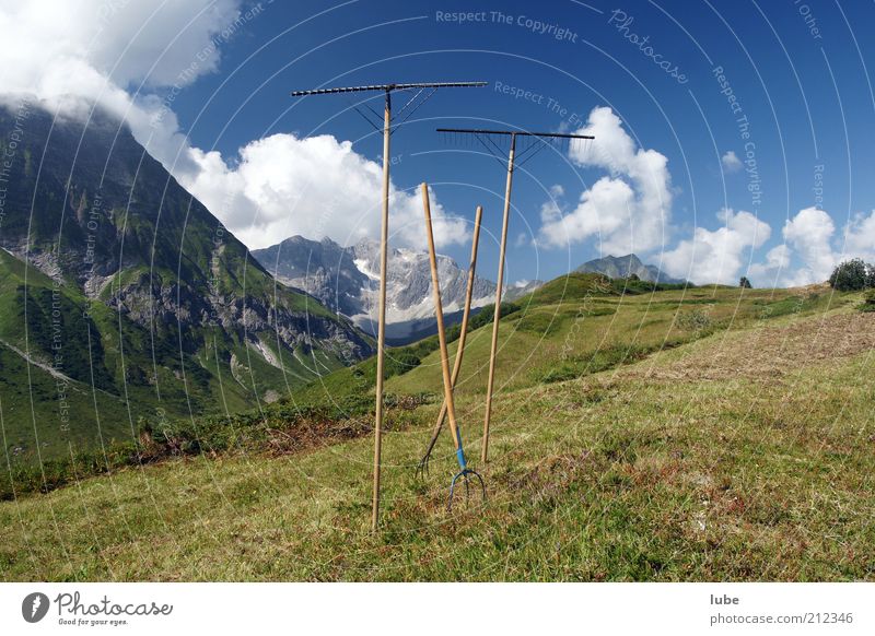 Pause bei der Heuarbeit Sommer Berge u. Gebirge Werkzeug Natur Landschaft Himmel Sonne Klima Schönes Wetter Wiese Alpen Freiheit Heuernte Gabel Bregenzerwald