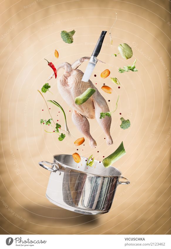 Hähnchensuppe kochen Lebensmittel Fleisch Gemüse Kräuter & Gewürze Ernährung Festessen Geschirr Topf Messer Stil Design Gesunde Ernährung Küche Suppe Brühe