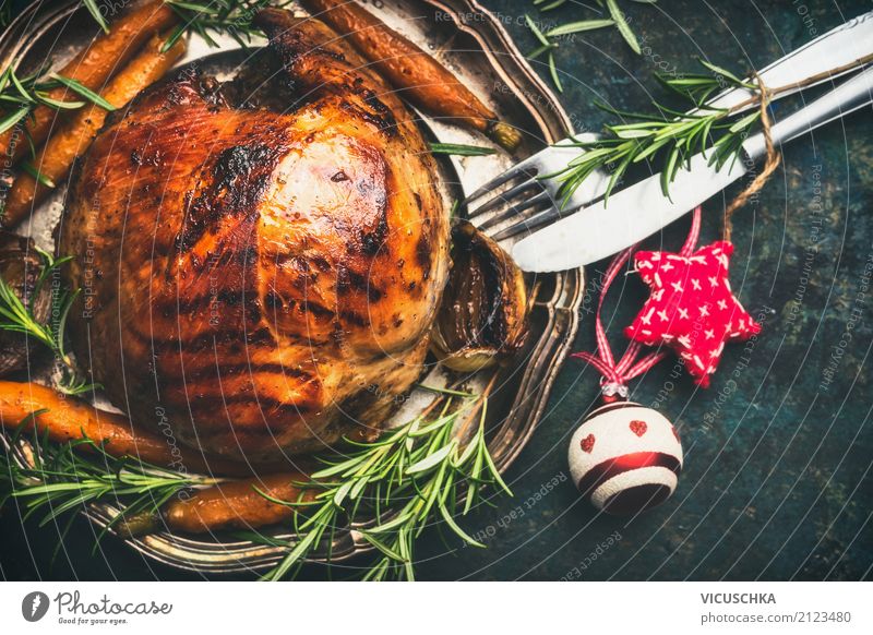 Weihnachten Schinkenbraten mit Besteck Lebensmittel Fleisch Ernährung Festessen Stil Design Feste & Feiern Weihnachten & Advent Dekoration & Verzierung