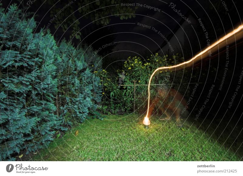 Blinkern again Garten 1 Mensch Landschaft Pflanze hell Hecke Gras Lampe Nacht schemenhaft Geister u. Gespenster Langzeitbelichtung Leuchtspur Farbfoto