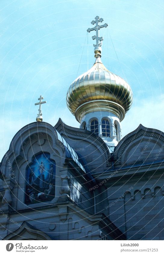 Russische Kirche Russisch Orthodoxe Kirche Kuppeldach Baden-Baden Fassade Gotteshäuser Rücken blau Himmel