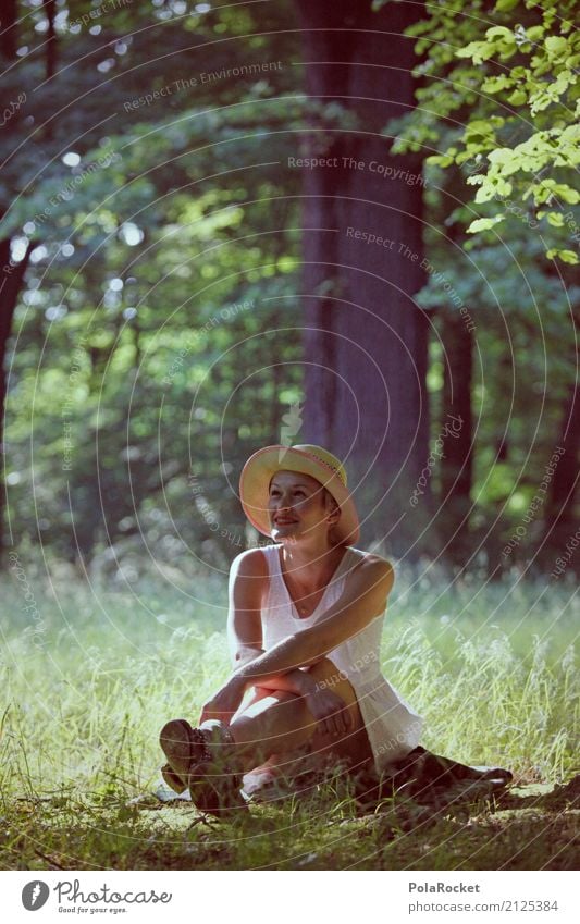 #A# Frau mit Hut 1 Mensch ästhetisch sitzen Erholung Baum Garten Park Idylle friedlich Sommertag Außenaufnahme Natur Naturschutzgebiet grün Wald Baumstamm Kleid