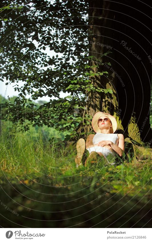 #A# Grüner Schlaf Kunst Kunstwerk ästhetisch Frau schlafen liegen Erholung grün Wald Baumstamm Gras Sonnenbrille Sonnenlicht Kleid weiß ruhig Park Außenaufnahme