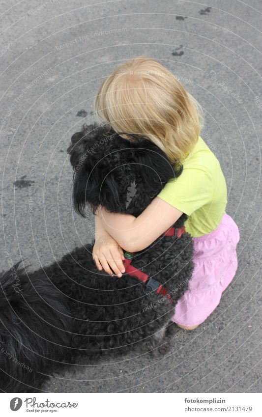 blondes Kind umarmt schwarzen Hund Zusammengehörigkeitsgefühl festhalten Kindheit Tier Haushund Haustier berühren Liebe Umarmen Umarmung Zusammensein Gefühle