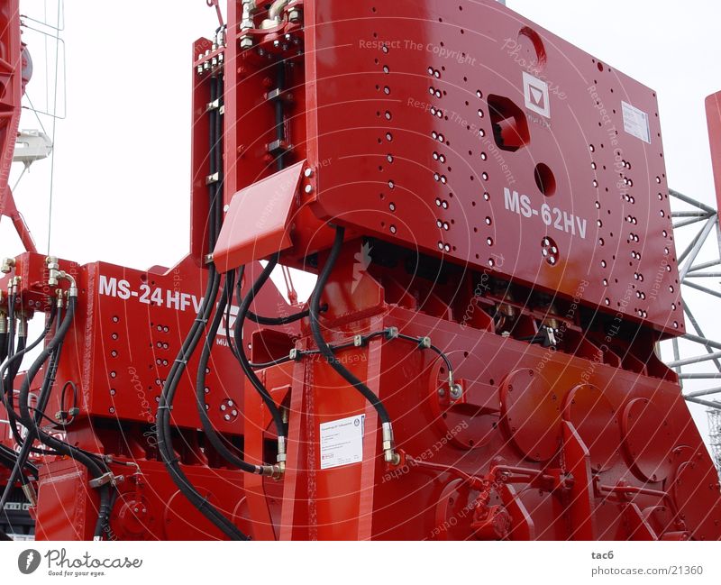 Bau-Technik Stahl massiv rot Maschine Schraube Schlauch Elektrisches Gerät Technik & Technologie hydraulisch Baustelle Anbauteil Nahaufnahme